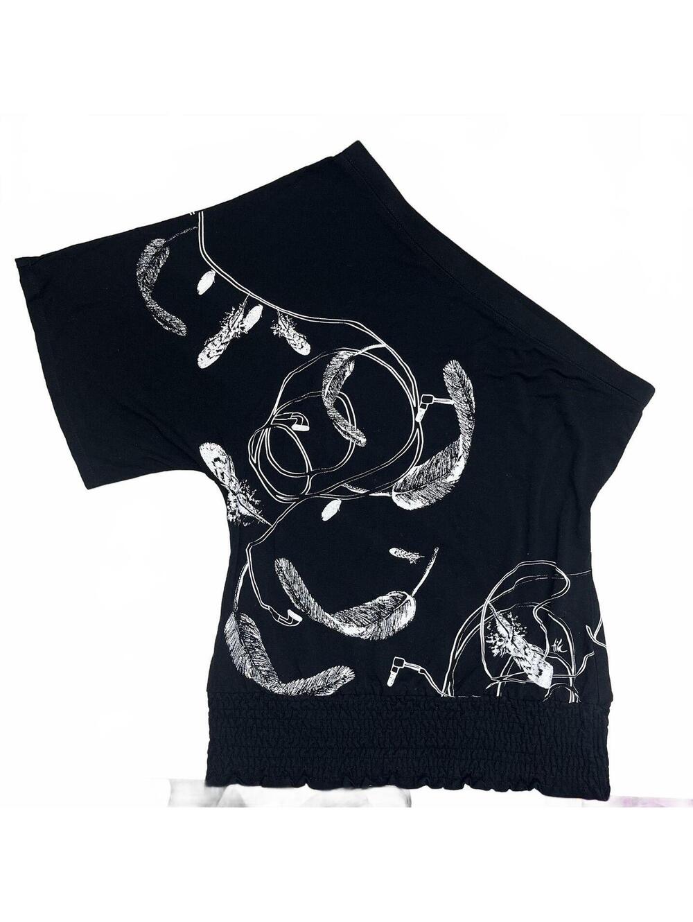 Y2K Twik Simons Sz S One Shoulder Top W Feathers + Earphones Design Grunge 2000s